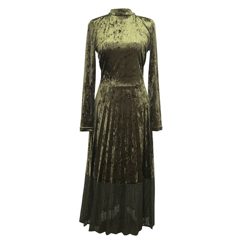 Reserved Dress Green Velvet Long Sleeve Pleated Lace Bottom UK Size 6 US Small
